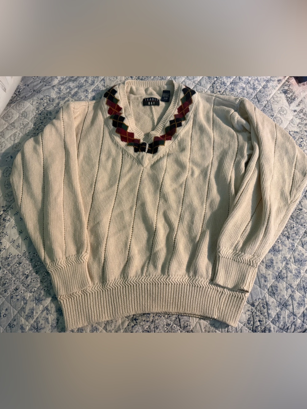 Vintage Trader Bay Cream V‑Neck Sweater with Argyle Trim